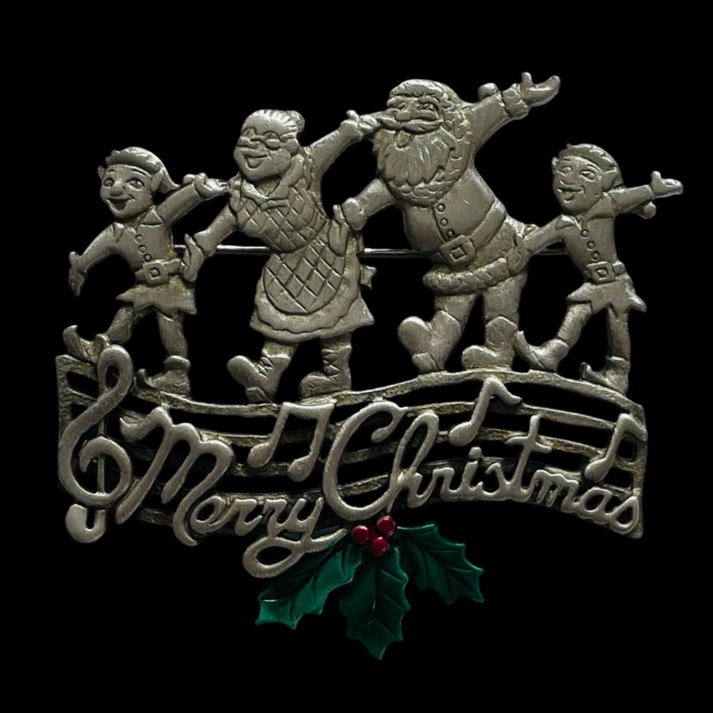 Vintage 80s Signed JJ Pewter And Enamel Merry Christmas Brooch